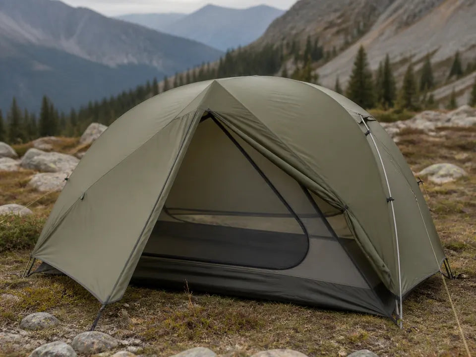 Camping tent in a mountain setting